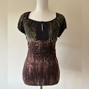 Vintage Y2K PerSeption Concept Black and Brown Patterned Top